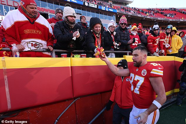 Kelce pictured interacting with fans inside Arrowhead after their recent loss to the Chargers