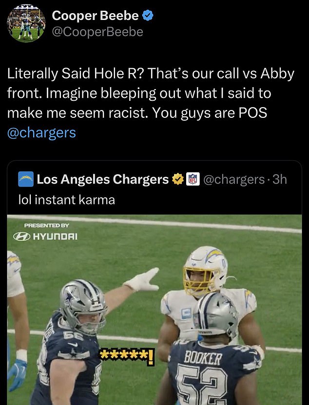 Beebe claimed that a video shared by the Chargers' admin made him appear to be 'racist'