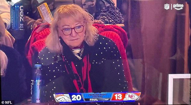 Kelce's mother Donna also watched on with a stony-faced expression as the Chiefs lost