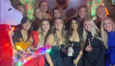 Taylor Swift (back left) was spotted with Kansas City Chiefs WAGs at a Christmas party
