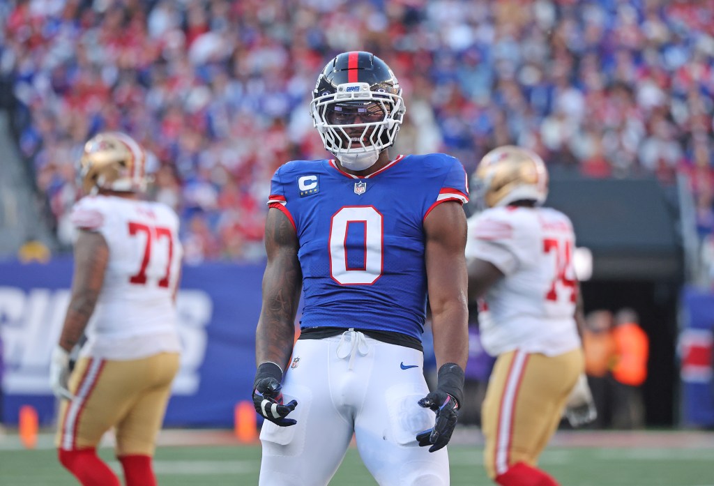 San Francisco 49ers Vs. New York Giants at MetLife Stadium: Brian Burns #0 of the New York Giants reacts on the field after a third down play during the third quarter.