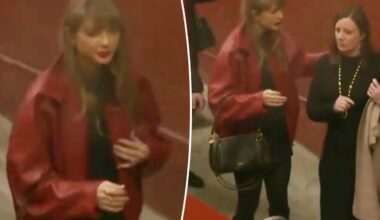 Taylor Swift wears festive red bomber jacket at Chiefs vs. Broncos game on Christmas