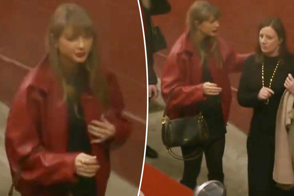 Taylor Swift wears festive red bomber jacket at Chiefs vs. Broncos game on Christmas