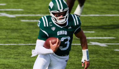 Ohio Football quarterback Parker Navarro rushing the ball against Gardner-Webb.