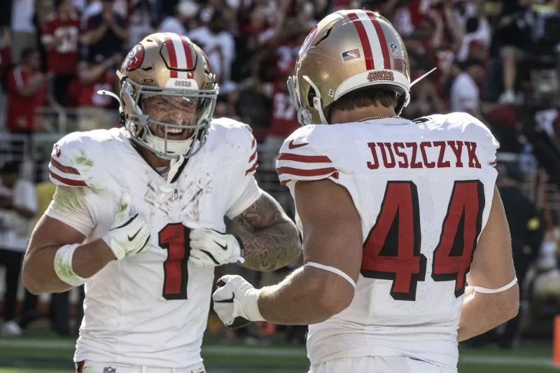 San Francisco 49ers wide receiver Ricky Pearsall (L) and fullback Kyle Juszczyk each caught touchdown passes in a win over the Chicago Bears on Sunday in Santa Clara, Calif. File Photo by Terry Schmitt/UPI