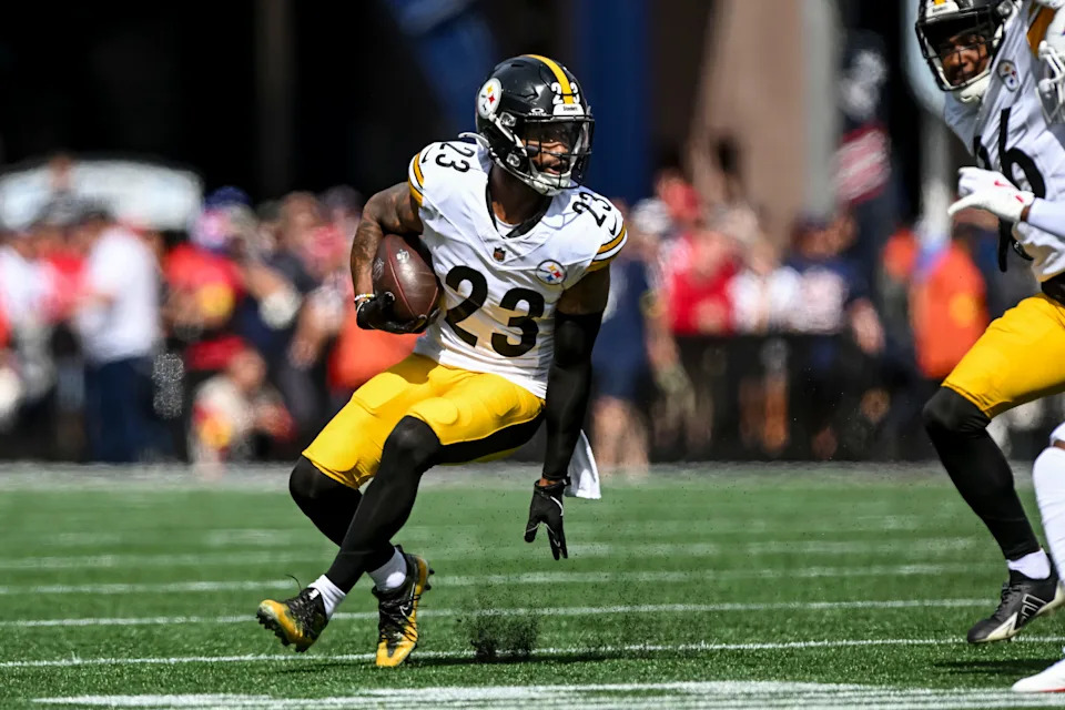 Sep 21, 2025; Foxborough, Massachusetts, USA; Pittsburgh Steelers cornerback Darius Slay (23) reacts after a fumble recovery during the first quarter at Gillette Stadium. Mandatory Credit: Brian Fluharty-Imagn Images