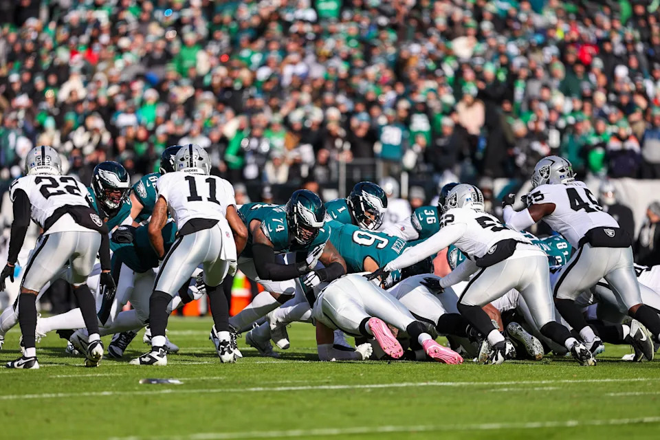 Dec 14, 2025; Philadelphia, Pennsylvania, USA; Philadelphia Eagles quarterback Jalen Hurts (1) plays the tush push for a first down against the Las Vegas Raiders during the first quarter at Lincoln Financial Field. Mandatory Credit: Bill Streicher-Imagn Images