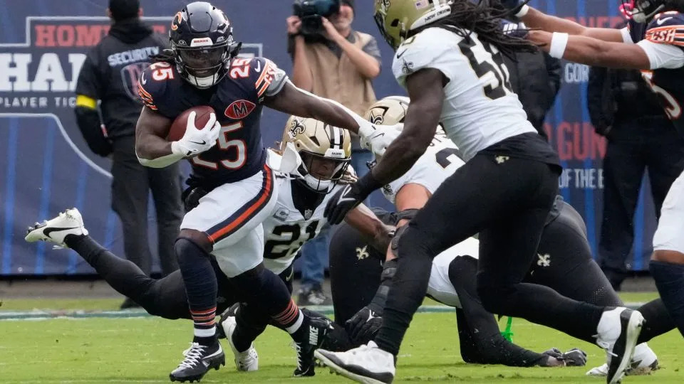 Bears running back Kyle Monangai runs the ball against New Orleans in October. Chicago is second in the league in rushing. - David Banks/Imagn Images/Reuters