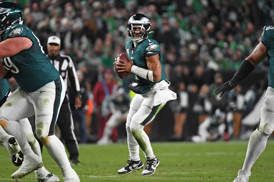 Nov 14, 2024; Philadelphia, Pennsylvania, USA; Philadelphia Eagles quarterback Jalen Hurts (1) against the Washington Commanders at Lincoln Financial Field. Mandatory Credit: Eric Hartline-Imagn Images