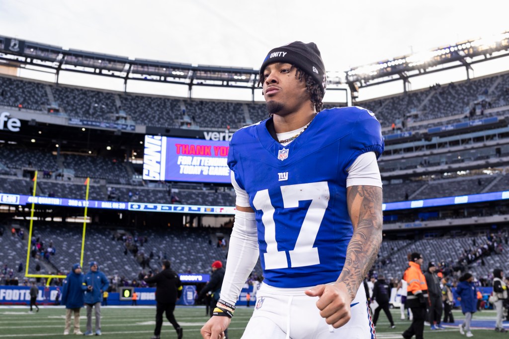 Wide receiver Wan'Dale Robinson #17 of the New York Giants walks off the field at the end of the game at MetLife Stadium, Sunday, Dec. 21, 2025, in East Rutherford, New Jersey. 