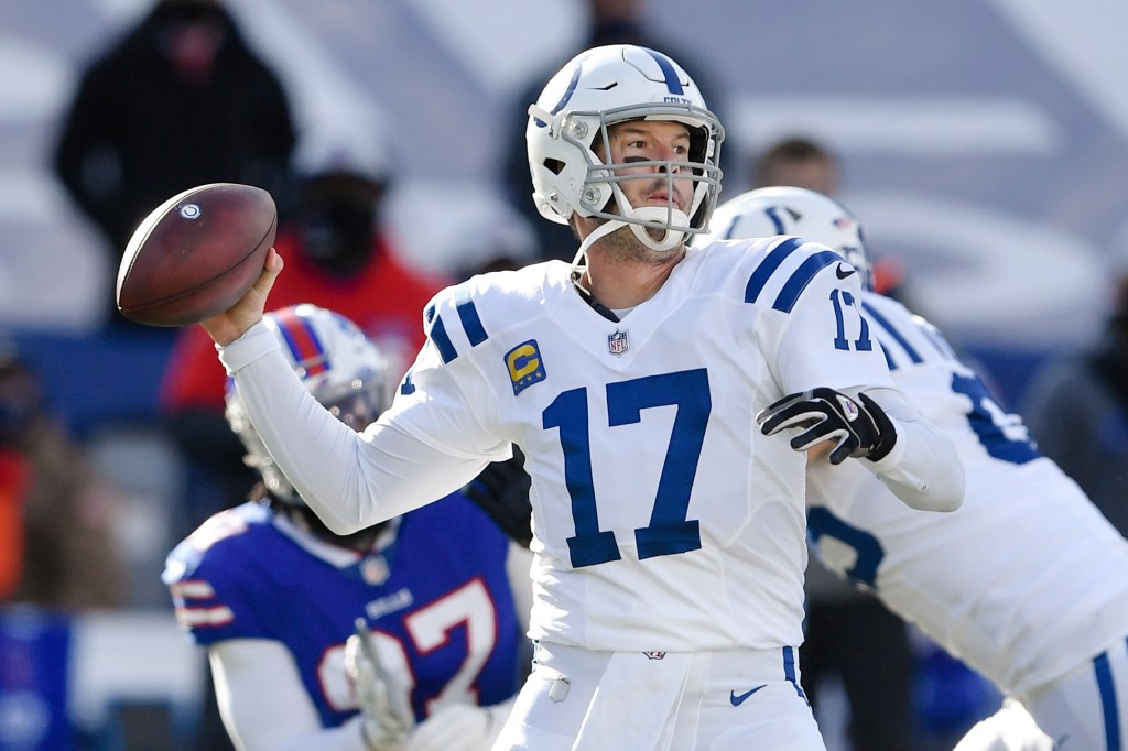 Colts quarterback Philip Rivers (17) throws a pass during the first half of an NFL wild-card playoff football game against the Buffalo Bills, Saturday, Jan. 9, 2021, in Orchard Park, N.Y.