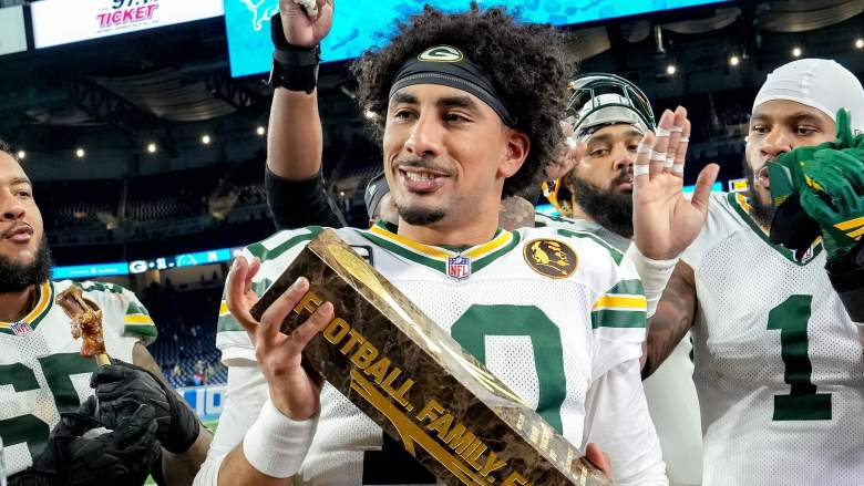 DETROIT, MICHIGAN - NOVEMBER 27: Jordan Love #10 of the Green Bay Packers holds the Madden Thanksgiving MVP award after the game against the Detroit Lions at Ford Field on November 27, 2025 in Detroit, Michigan. (Photo by Nic Antaya/Getty Images)
