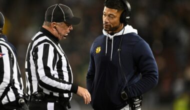 Head coach Marcus Freeman of the Notre Dame Fighting Irish