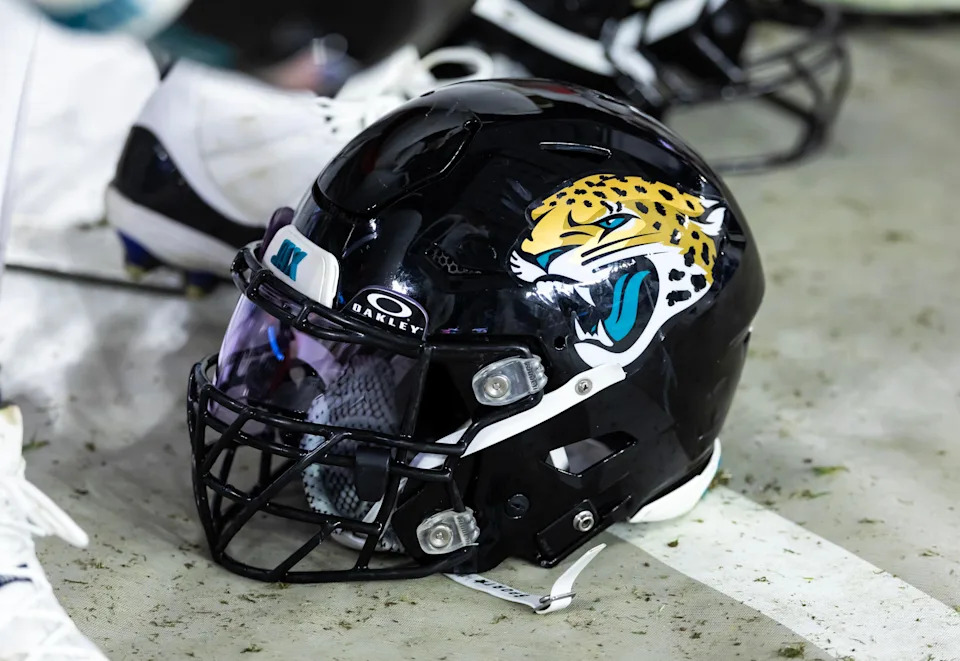 Nov 23, 2025; Glendale, Arizona, USA; Detailed view of a Jacksonville Jaguars helmet at State Farm Stadium. Mandatory Credit: Mark J. Rebilas-Imagn Images