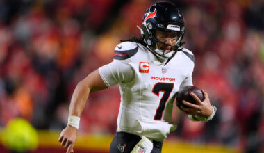 Houston Texans quarterback C.J. Stroud scrambles during the second half of an NFL football game against the Kansas City Chiefs Sunday, Dec. 7, 2025, in Kansas City, Mo. (AP Photo/Charlie Riedel)