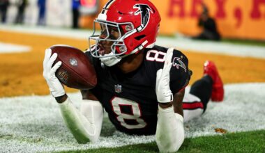 Atlanta Falcons tight end Kyle Pitts celebrates after scoring one of his three touchdowns against the Tampa Bay Buccaneers