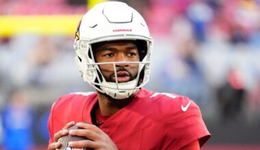 Cardinals QB Jacoby Brissett (No. 7) preparing for 2025 game versus Rams.