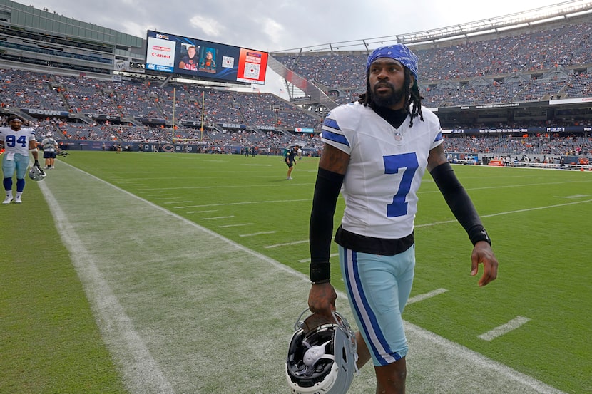 Dallas Cowboys cornerback Trevon Diggs (7) walks on the field after warming up before an NFL...
