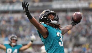 Jacksonville Jaguars wide receiver Jakobi Meyers (3) reacts after scoring.