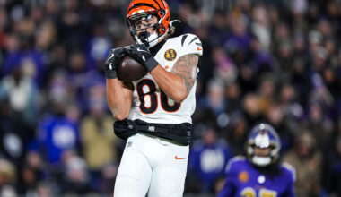 BALTIMORE, MARYLAND - NOVEMBER 27: Andrei Iosivas #80 of the Cincinnati Bengals makes a catch during an NFL football game against the Baltimore Ravens at M&T Bank Stadium on November 27, 2025 in Baltimore, Maryland. (Photo by Perry Knotts/Getty Images)