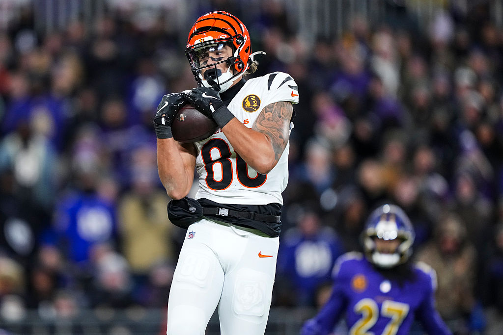 BALTIMORE, MARYLAND - NOVEMBER 27: Andrei Iosivas #80 of the Cincinnati Bengals makes a catch during an NFL football game against the Baltimore Ravens at M&T Bank Stadium on November 27, 2025 in Baltimore, Maryland. (Photo by Perry Knotts/Getty Images)