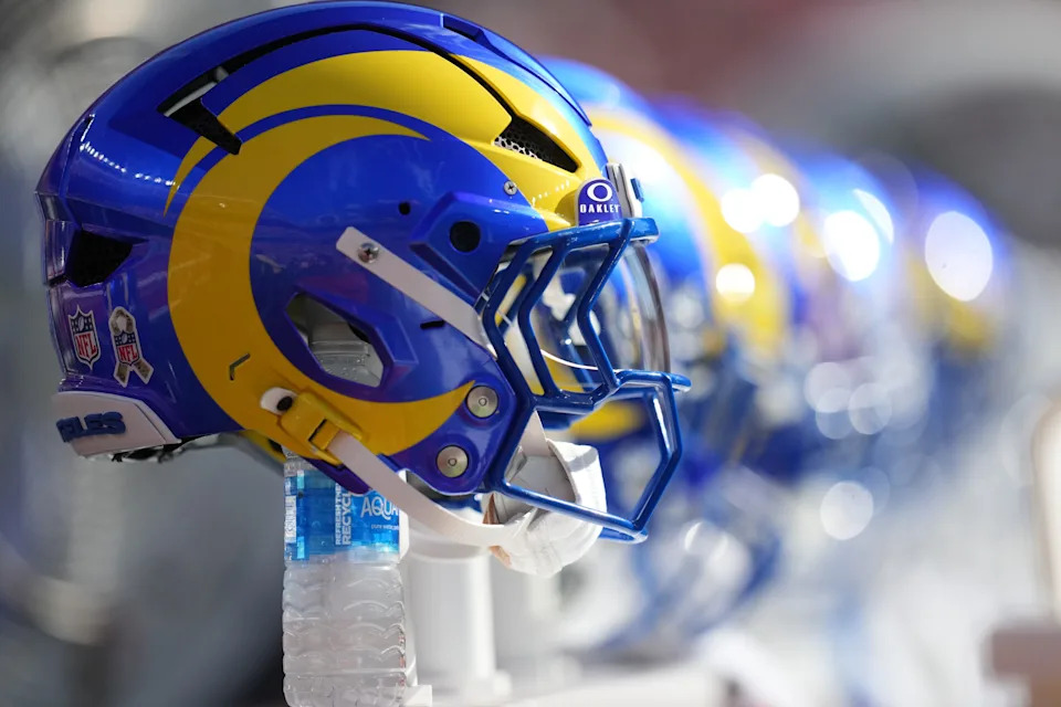 Nov 9, 2025; Santa Clara, California, USA; A Los Angeles Rams helmet is seen on the sideline prior to the game against the San Francisco 49ers at Levi's Stadium.