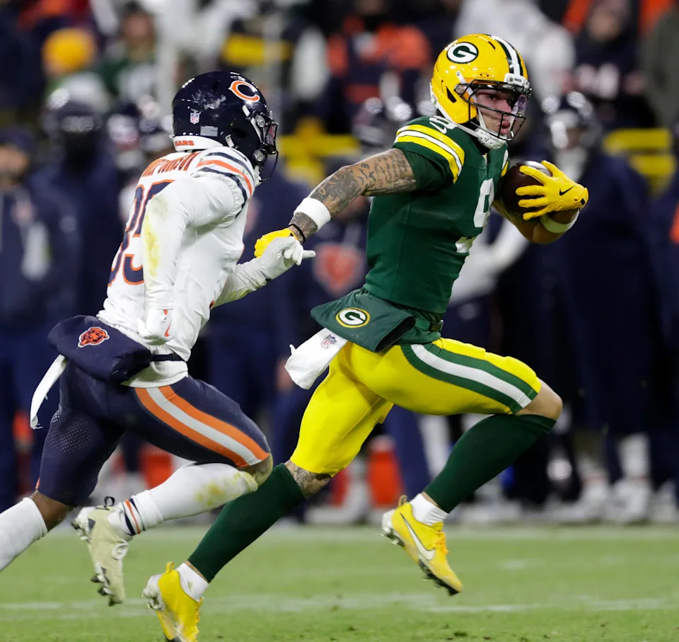 Green Bay Packers wide receiver Christian Watson is on his way to the end zone Dec. 7 against the Chicago Bears at Lambeau Field in Green Bay. The Packers defeated the Bears 28-21 and travel to Chicago two weeks later for a rematch.