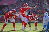 Kansas City Chiefs quarterback Patrick Mahomes (15) calls out a play during an NFL football...