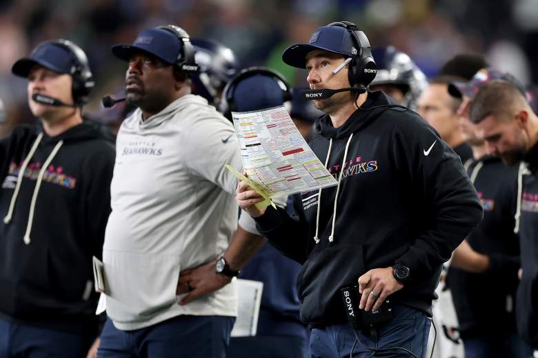 Seattle Seahawks offensive coordinator Klint Kubiak calls plays on the sideline.