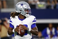 Dallas Cowboys quarterback Joe Milton III (10) drops back as he looks to pass during the...