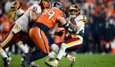 Washington Commanders quarterback Marcus Mariota (8) is hit by Denver Broncos defensive lineman Zach Allen (99) during the first half of an NFL football game Sunday, Nov. 30, 2025, in Landover, Md. (AP Photo/Nick Wass)