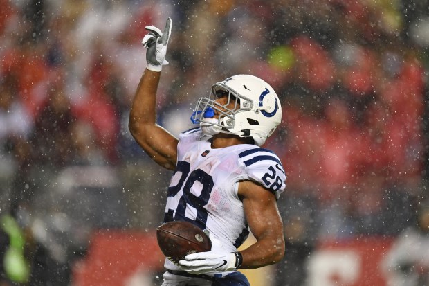 SANTA CLARA, CALIF. - OCT. 24: Indianapolis Colts' Jonathan Taylor (28) scores a touchdown against the San Francisco 49ers in the third quarter of their NFL game at Levi's Stadium in Santa Clara, Calif., on Sunday, Oct. 24, 2021. The Indianapolis Colts defeat the San Francisco 49ers 30-18. (Jose Carlos Fajardo/Bay Area News Group)