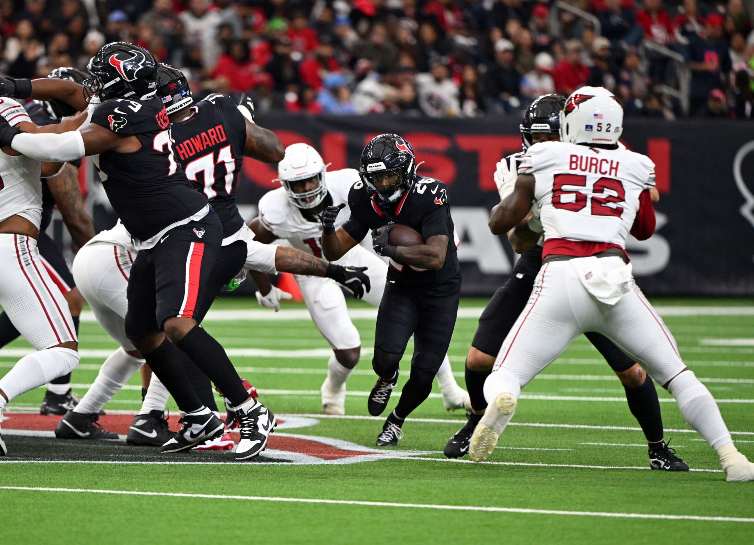 HOUSTON, TX - DECEMBER 14: Houston Texans RB Jawhar Jordan runs for yardage during game featuring the Arizona Cardinals and the Houston Texans on December 14, 2025 at NRG Stadium in Houston, TX. (Photo by John Rivera/Icon Sportswire via Getty Images)