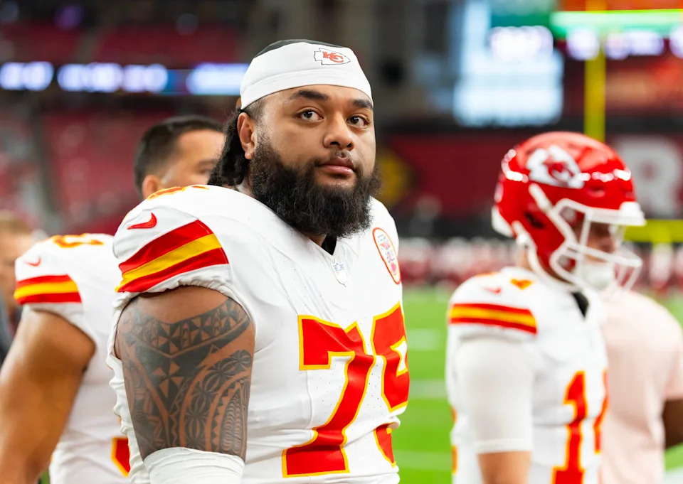Aug 9, 2025; Glendale, Arizona, USA; Kansas City Chiefs offensive tackle Esa Pole (79) against the Arizona Cardinals during a preseason NFL game at State Farm Stadium. Mandatory Credit: Mark J. Rebilas-Imagn Images