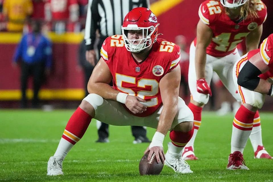 Nov 4, 2024; Kansas City, Missouri, USA; Kansas City Chiefs center Creed Humphrey (52) at the line of scrimmage against the Tampa Bay Buccaneers during the game at GEHA Field at Arrowhead Stadium. Mandatory Credit: Denny Medley-Imagn Images