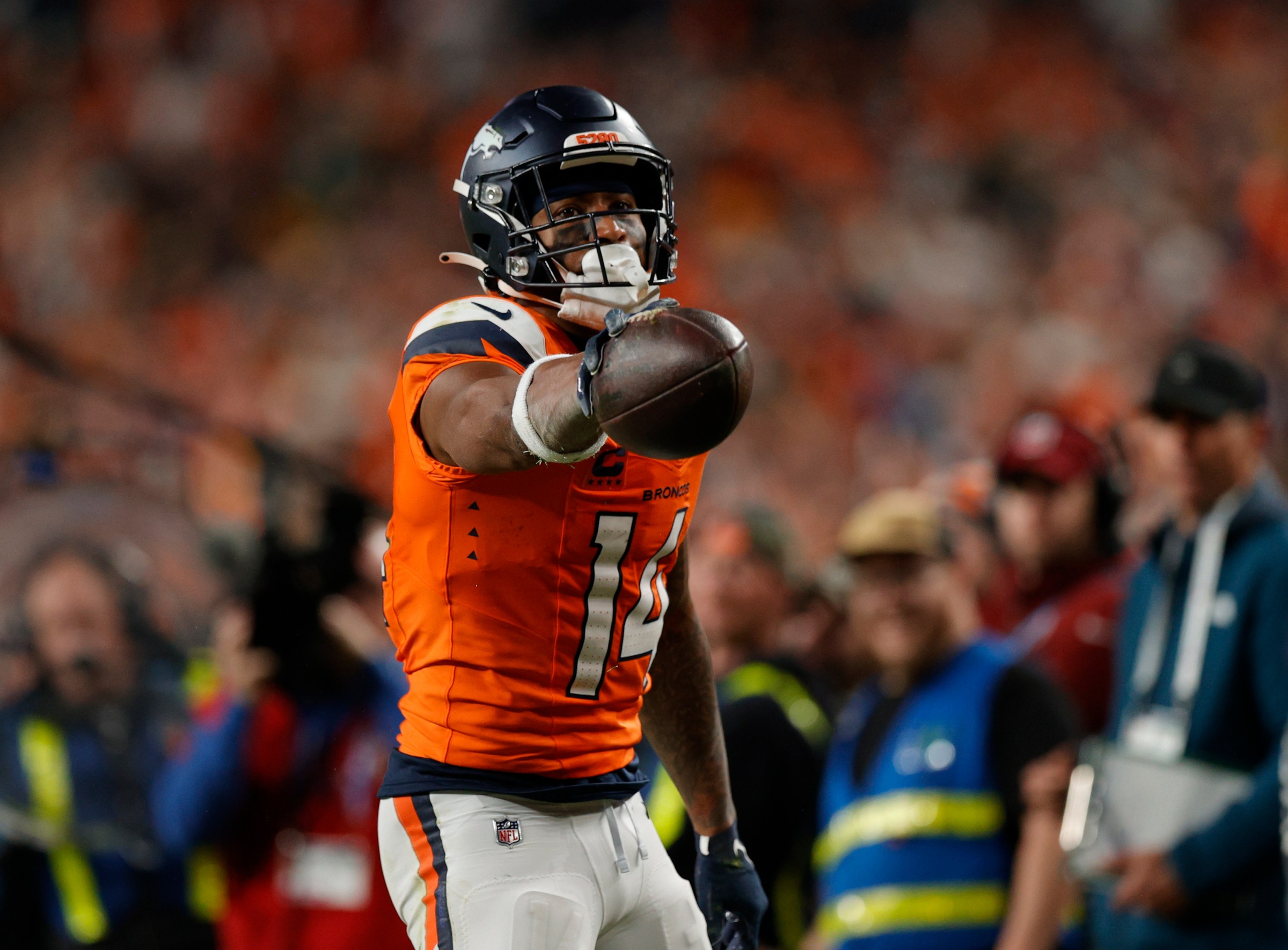 Dec 14, 2025; Denver, Colorado, USA; Denver Broncos wide receiver Courtland Sutton (14) reacts after catching a pass during the fourth quarter against the Green Bay Packers at Empower Field at Mile High. Mandatory Credit: Isaiah J. Downing-Imagn Images