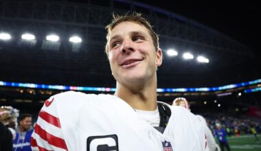 Brock Purdy #13 of the San Francisco 49ers reacts after defeating the Seattle Seahawks 36-24 at Lumen Field on October 10, 2024 in Seattle, Washington.
