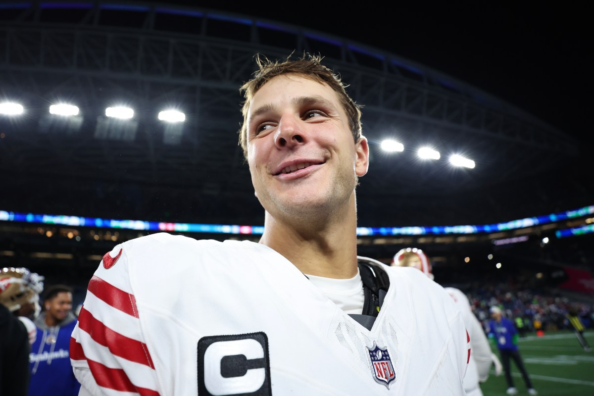 Brock Purdy #13 of the San Francisco 49ers reacts after defeating the Seattle Seahawks 36-24 at Lumen Field on October 10, 2024 in Seattle, Washington.