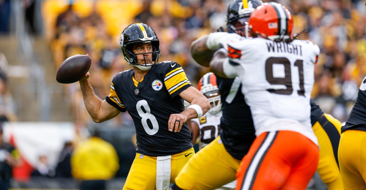 Aaron Rodgers gets the ball out for the Steelers, but is it quick enough to stop Myles Garrett?