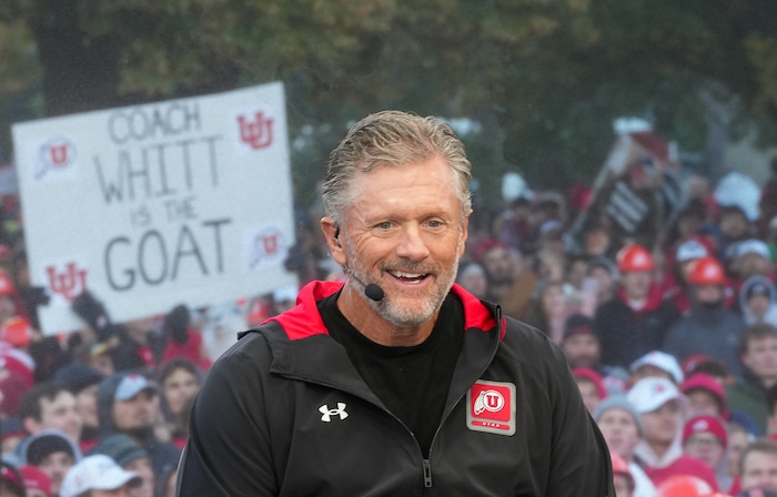 (Chris Samuels | The Salt Lake Tribune) Utah football coach Kyle Whittingham makes an appearance on ESPN’s College GameDay college football show on the university campus in Salt Lake City, Saturday, Oct. 28, 2023.