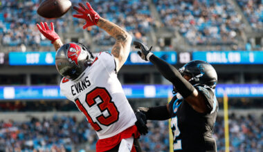 Carolina Panthers safety Lathan Ransom breaks up a pass intended for Tampa Bay Buccaneers wide receiver Mike Evans during the second half of an NFL football game, Sunday, Dec. 21, 2025, in Charlotte, N.C. (AP Photo/Rusty Jones)