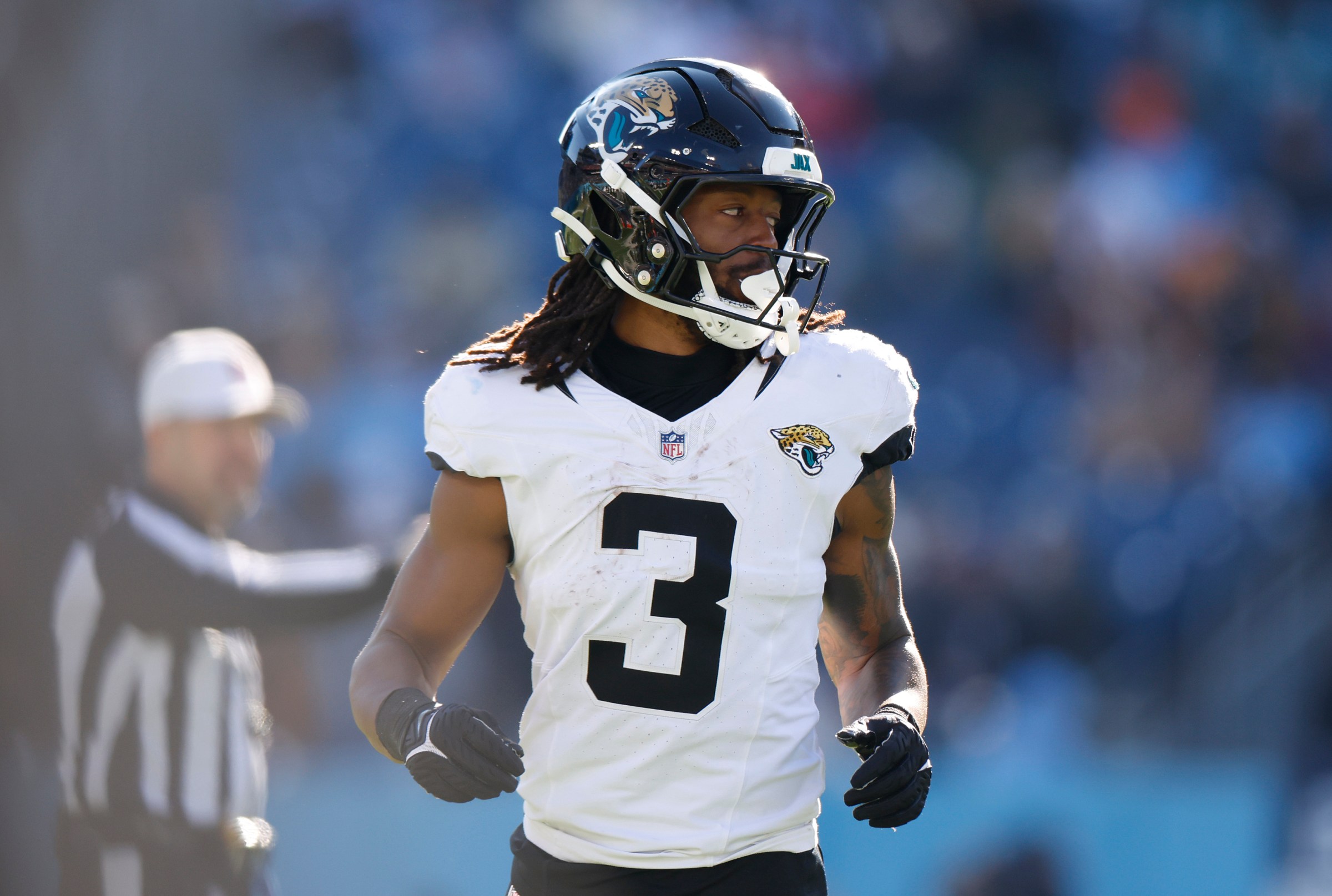 NASHVILLE, TENNESSEE - NOVEMBER 30: Jakobi Meyers #3 of the Jacksonville Jaguars looks on during the first half of the game against the Tennessee Titans at Nissan Stadium on November 30, 2025 in Nashville, Tennessee. (Photo by Johnnie Izquierdo/Getty Images)