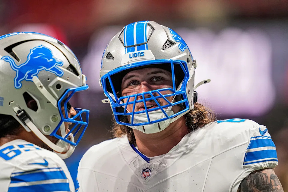 Detroit Lions guard Tate Ratledge on the field prior to the preseason game against the Atlanta Falcons at Mercedes-Benz Stadium in Atlanta on Friday, Aug. 8, 2025.