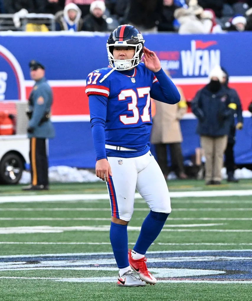 Younghoe Koo of the New York Giants after he kicks a field goal during the fourth quarter of the Giants and Washington Commanders game in East Rutherford, NJ. Bill Kostroun/New York Post