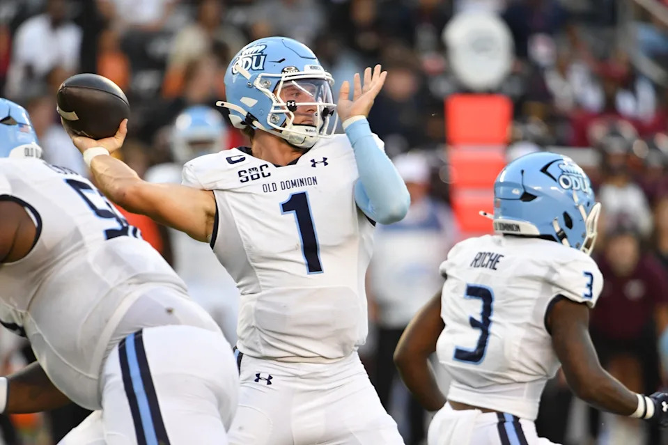 Old Dominion quarterback Colton Joseph (1) throws a pass against Virginia Tech during the first quarter of their game at Lane Stadium.