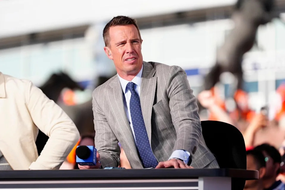 Matt Ryan on the CBS set in Denver before the Broncos-Chiefs game on Nov. 16, 2025. Ron Chenoy-Imagn Images