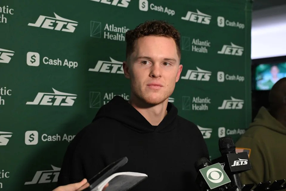 Jets quarterback Brady Cook (4) speaks to the media after practice in Florham Park, NJ. Bill Kostroun/New York Post