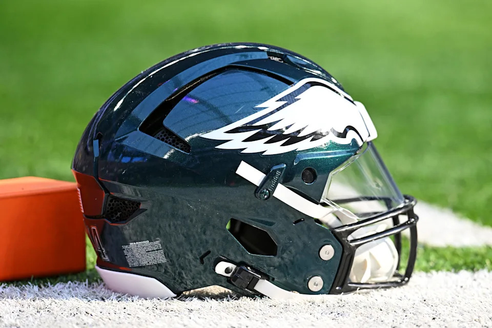 Oct 19, 2025; Minneapolis, Minnesota, USA; A general view of the Philadelphia Eagles helmet before the game against the Minnesota Vikings at U.S. Bank Stadium. Mandatory Credit: Jeffrey Becker-Imagn Images