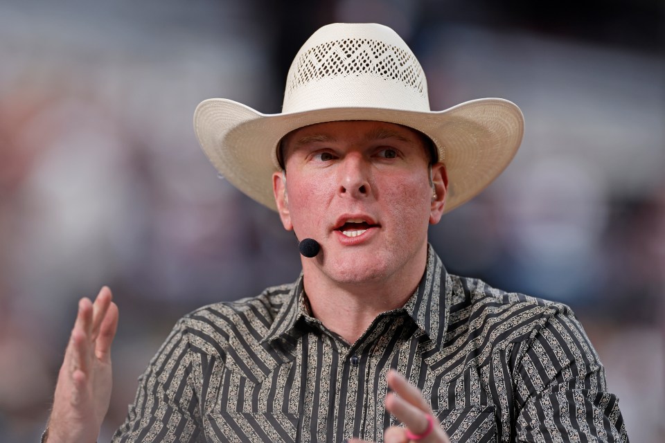 GameDay analyst Pat McAfee looks on before the 2025 College Football Playoff First Round Game between the Miami Hurricanes and Texas A&M Aggies on December 20, 2025 at Kyle Field in College Station, Texas.