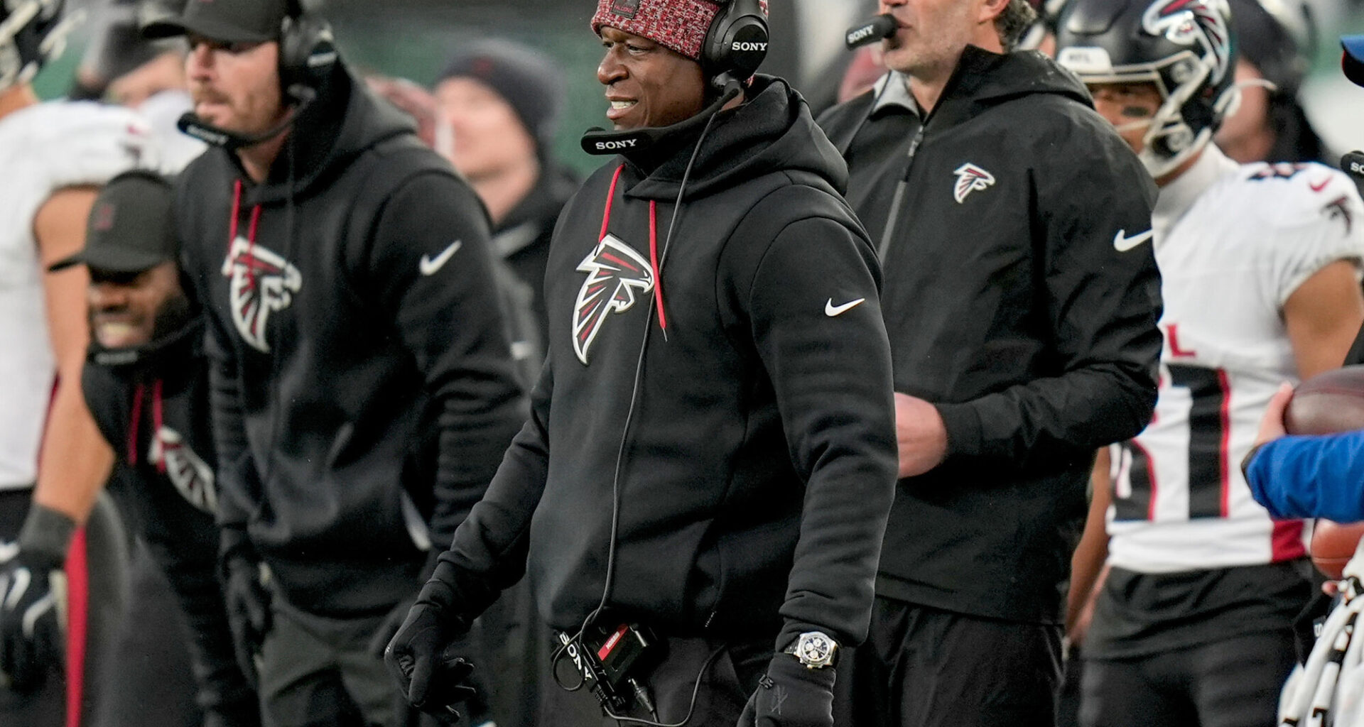 Atlanta Falcons head coach Raheem Morris watches play against the New York Jets on Sunday, Nov. 30, in East Rutherford, New Jersey.